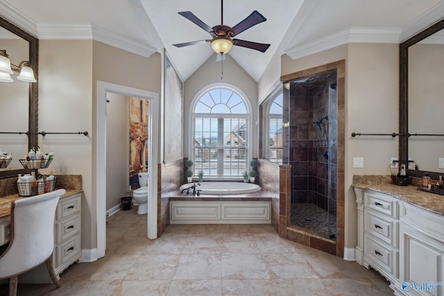 bathroom featuring a stall shower, toilet, vaulted ceiling, vanity, and a bath