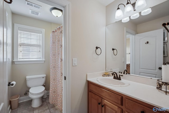 full bath with toilet, tile patterned flooring, visible vents, and vanity