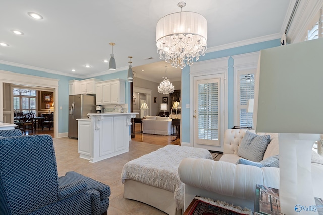 living room featuring baseboards, ornamental molding, a chandelier, recessed lighting, and light tile patterned floors