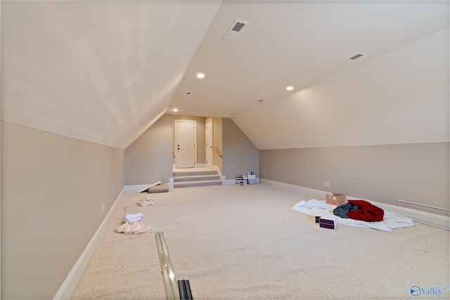 bonus room with visible vents, carpet floors, recessed lighting, lofted ceiling, and baseboards