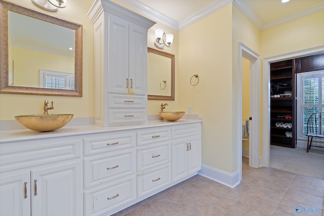 bathroom featuring a sink, ornamental molding, baseboards, and double vanity