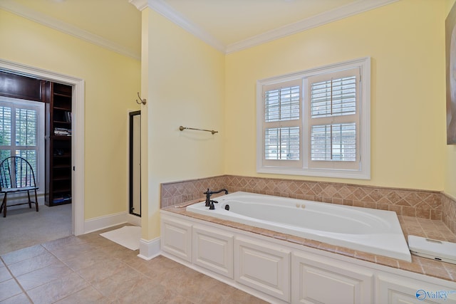 bathroom with ornamental molding, a bath, a stall shower, and a healthy amount of sunlight