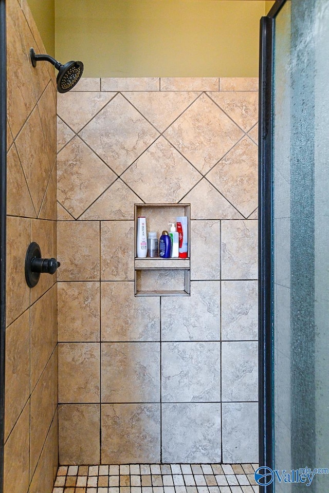 interior details featuring a tile shower