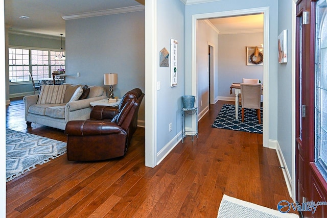 corridor featuring dark wood-type flooring, baseboards, and ornamental molding