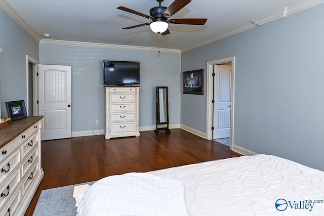 bedroom with ceiling fan, dark wood-style floors, baseboards, and ornamental molding