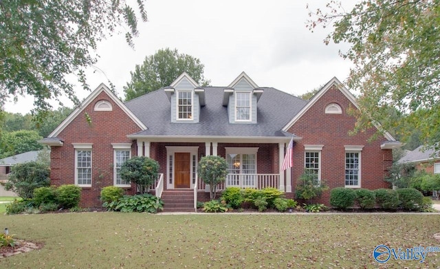 view of front of house with a front yard and covered porch