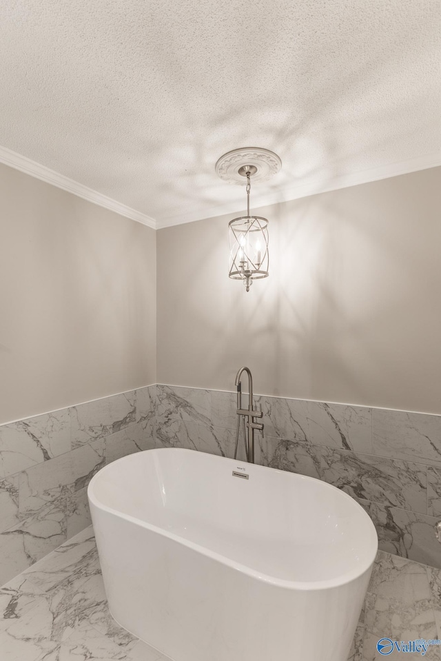 bathroom featuring marble finish floor, a wainscoted wall, a freestanding bath, and a textured ceiling