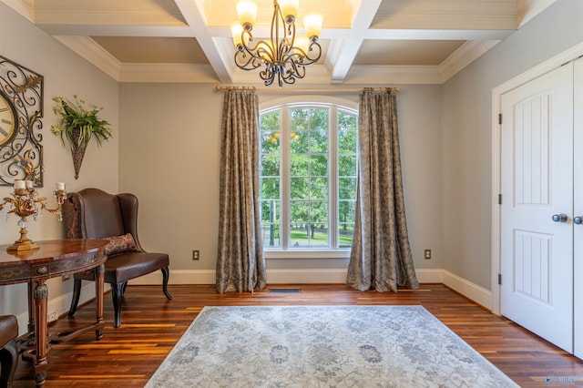 1805 Sibert Dr, Glencoe, AL 35905 - living area featuring a chandelier, dark wood-type flooring, baseboards, coffered ceiling, and beam ceiling