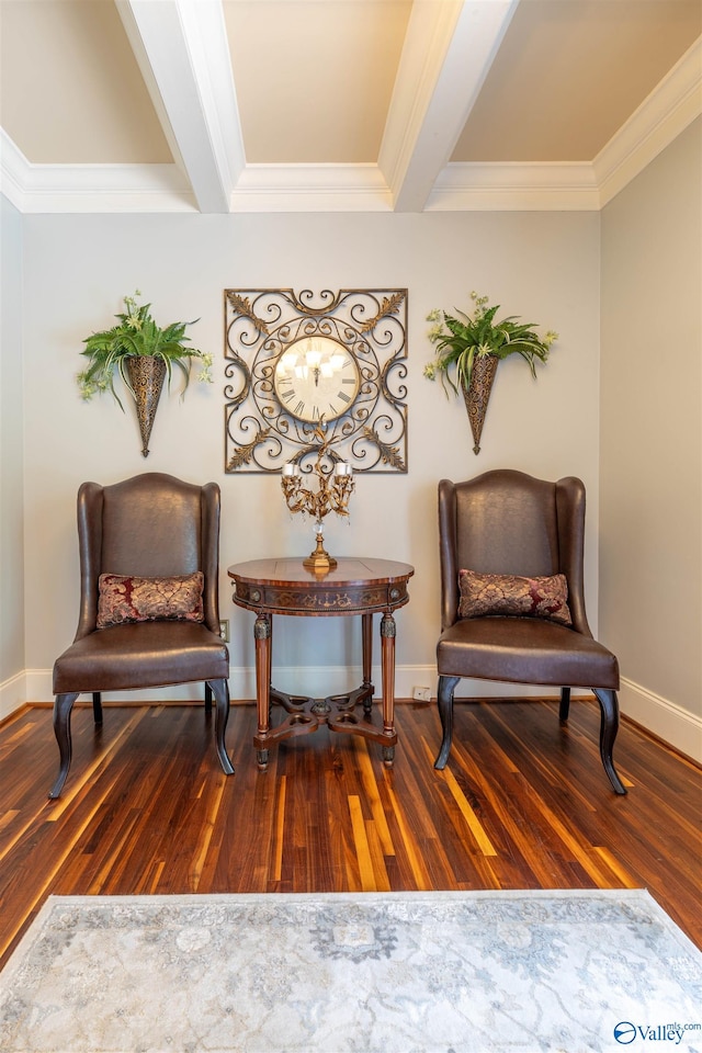 1805 Sibert Dr, Glencoe, AL 35905 - sitting room with wood finished floors, crown molding, baseboards, and beamed ceiling