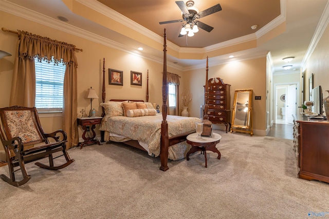 1805 Sibert Dr, Glencoe, AL 35905 - bedroom with light carpet, a tray ceiling, ornamental molding, baseboards, and ceiling fan