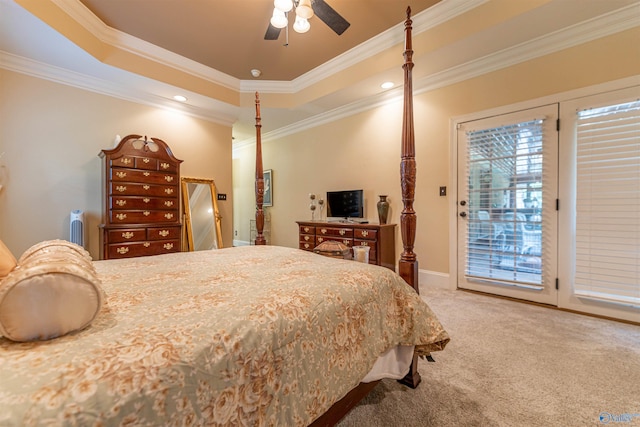 1805 Sibert Dr, Glencoe, AL 35905 - bedroom featuring carpet, access to exterior, ornamental molding, a raised ceiling, and recessed lighting