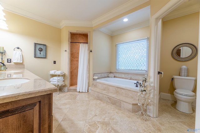 1805 Sibert Dr, Glencoe, AL 35905 - full bathroom featuring a bath, toilet, crown molding, double vanity, and tiled shower