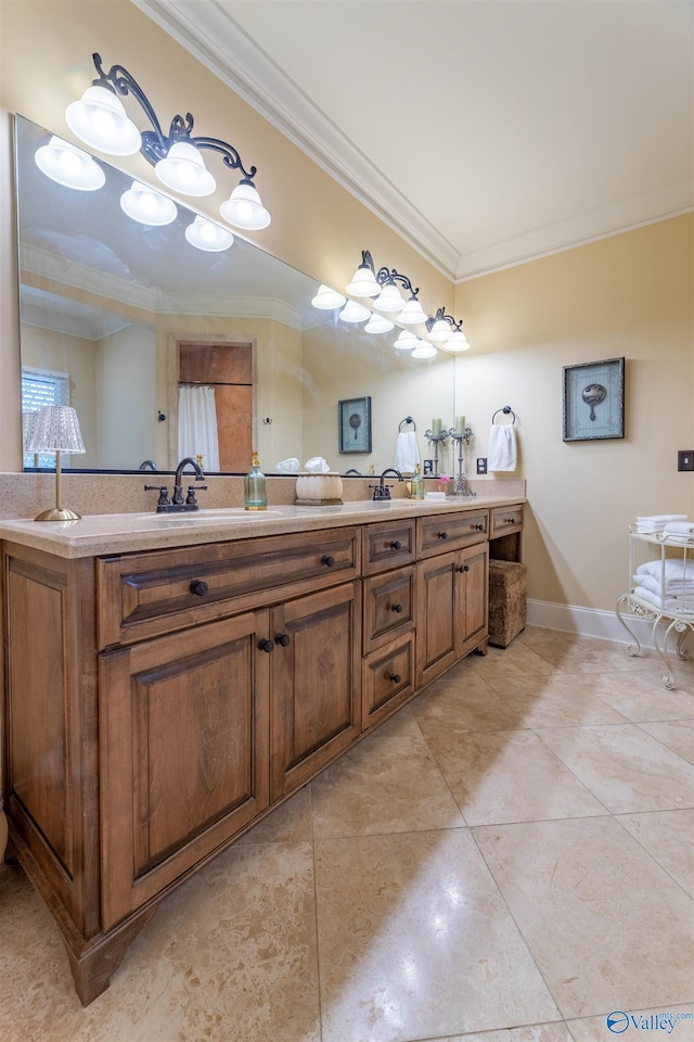 1805 Sibert Dr, Glencoe, AL 35905 - full bathroom with ornamental molding, double vanity, tile patterned floors, and baseboards