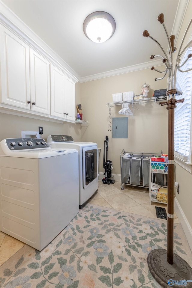1805 Sibert Dr, Glencoe, AL 35905 - laundry room featuring washer and dryer, cabinet space, electric panel, light tile patterned floors, and ornamental molding
