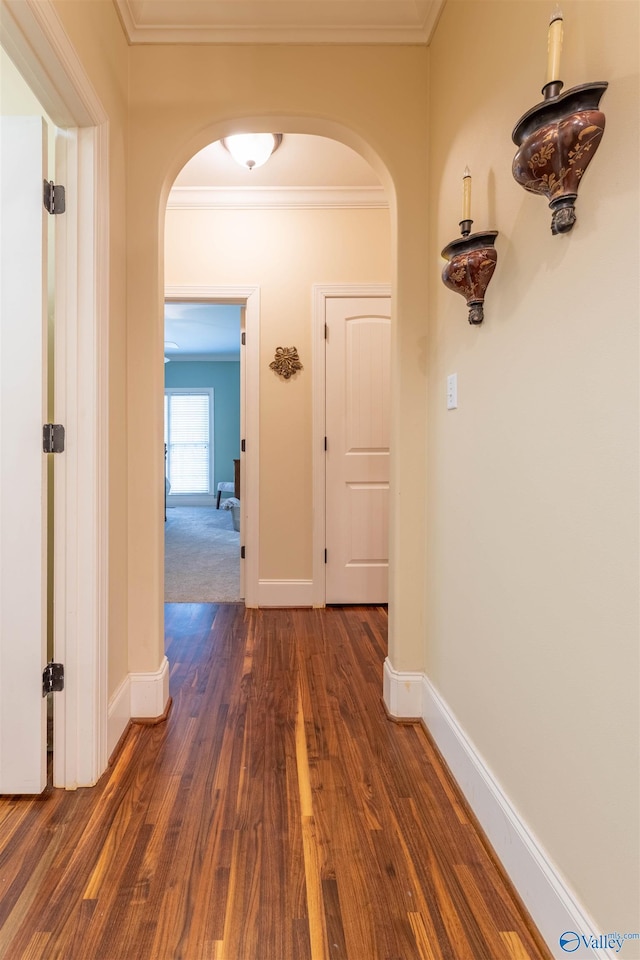 1805 Sibert Dr, Glencoe, AL 35905 - hall featuring arched walkways, dark wood-style flooring, baseboards, and crown molding