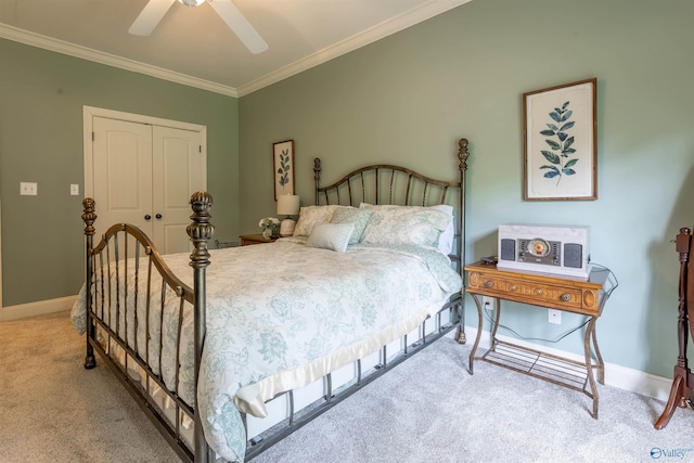 1805 Sibert Dr, Glencoe, AL 35905 - carpeted bedroom featuring ornamental molding, baseboards, a closet, and a ceiling fan