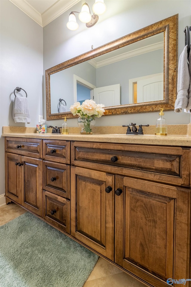 1805 Sibert Dr, Glencoe, AL 35905 - full bath featuring double vanity, ornamental molding, and tile patterned flooring
