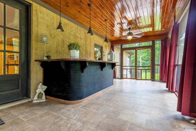 1805 Sibert Dr, Glencoe, AL 35905 - reception area with ceiling fan, wood ceiling, brick wall, and a fireplace