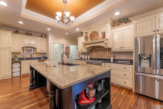 1805 Sibert Dr, Glencoe, AL 35905 - kitchen with stainless steel refrigerator with ice dispenser, a sink, open shelves, ornamental molding, and a raised ceiling