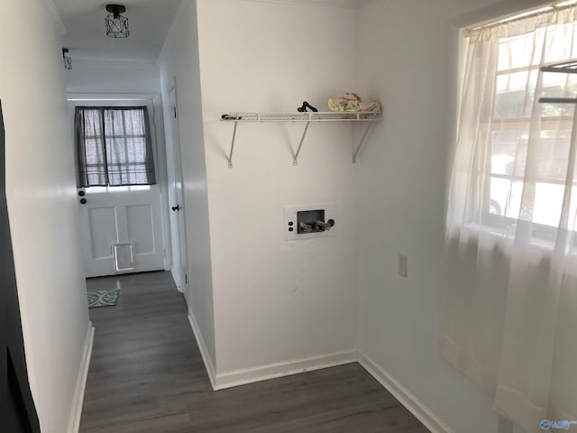 625 S Mountain Dr E, Trinity, AL 35673 - clothes washing area with crown molding, baseboards, dark wood-style floors, and hookup for a washing machine