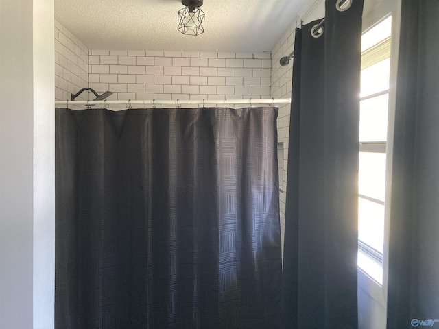 625 S Mountain Dr E, Trinity, AL 35673 - full bath featuring a textured ceiling, a shower with shower curtain, and a healthy amount of sunlight