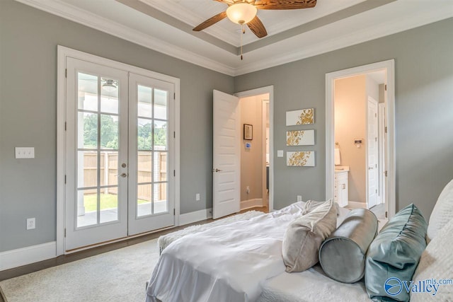 bedroom featuring ceiling fan, access to outside, hardwood / wood-style flooring, crown molding, and french doors