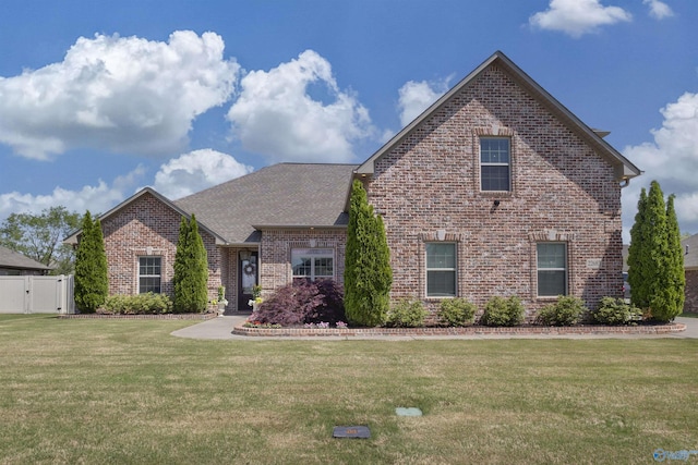 view of front of house featuring a front lawn, fence, roof with shingles, brick siding, and a gate