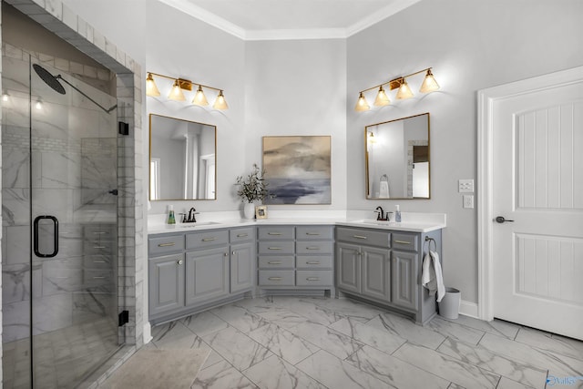bathroom with double vanity, a sink, and marble finish floor