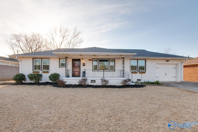 ranch-style home featuring covered porch, a garage, driveway, roof with shingles, and crawl space