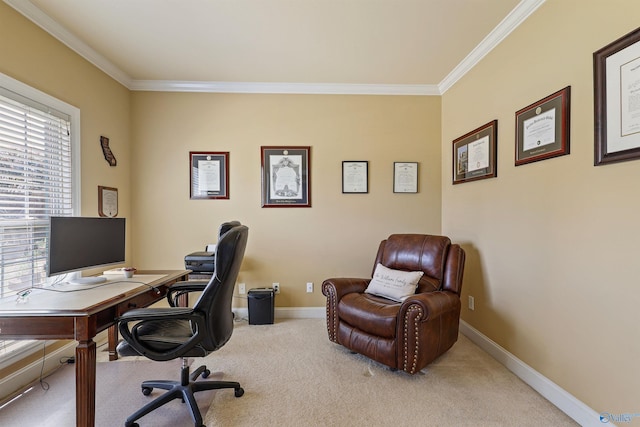 carpeted office space featuring crown molding and plenty of natural light