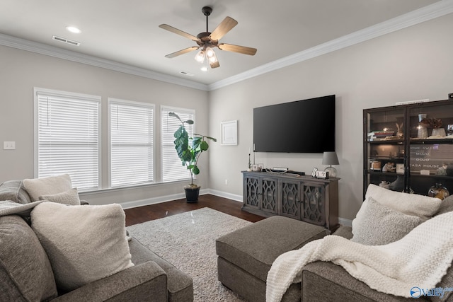 living room featuring ceiling fan, dark hardwood / wood-style flooring, and ornamental molding