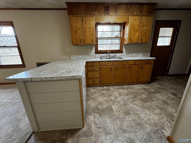 kitchen featuring sink, ornamental molding, and kitchen peninsula