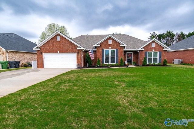 view of front of property featuring a front lawn, a garage, central AC, brick siding, and concrete driveway