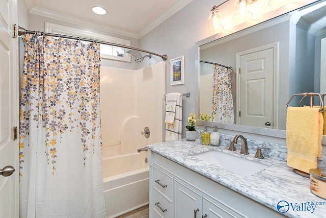 bathroom with shower / bath combo, vanity, crown molding, and recessed lighting