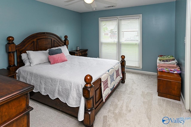 bedroom with a ceiling fan, visible vents, carpet, and baseboards