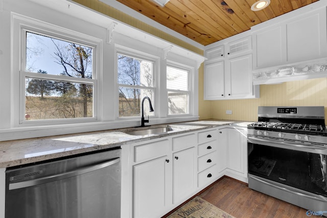 kitchen with light stone countertops, white cabinetry, sink, stainless steel appliances, and wood ceiling