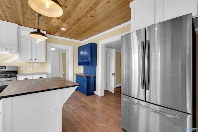 kitchen featuring stainless steel refrigerator, white cabinetry, wooden ceiling, wooden counters, and blue cabinets