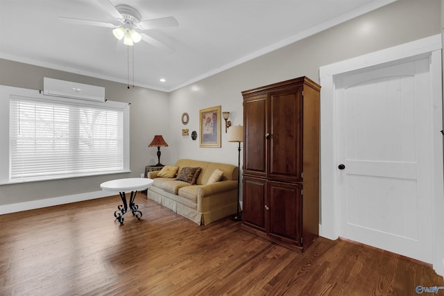 living room featuring ceiling fan, crown molding, dark hardwood / wood-style floors, and a wall mounted air conditioner