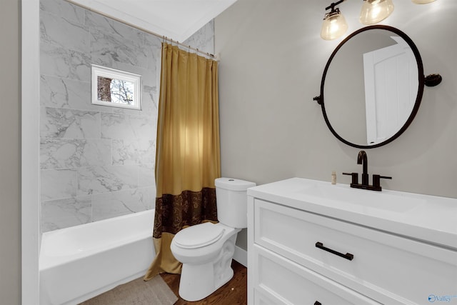 full bathroom with vanity, toilet, and shower / bathtub combination with curtain