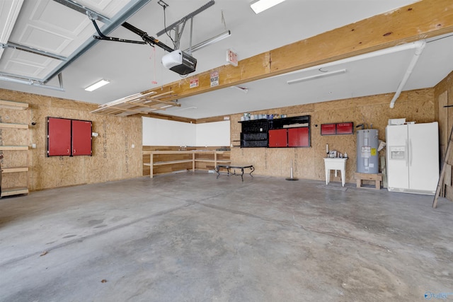 garage with white refrigerator with ice dispenser, a garage door opener, and water heater