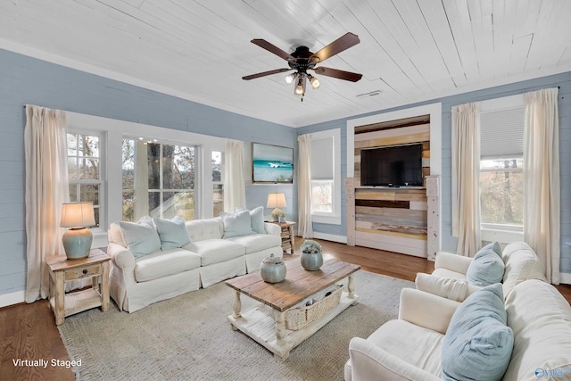 living room featuring ceiling fan, wooden ceiling, wood walls, and hardwood / wood-style flooring