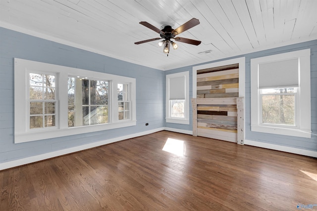 unfurnished living room featuring hardwood / wood-style flooring, ceiling fan, wood walls, and wood ceiling