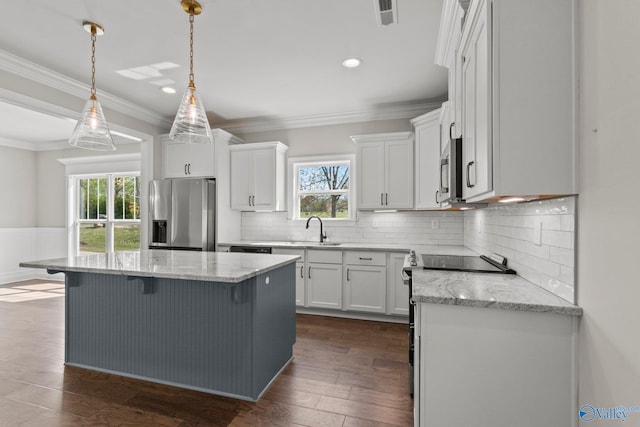 kitchen featuring stainless steel appliances, plenty of natural light, a sink, and crown molding