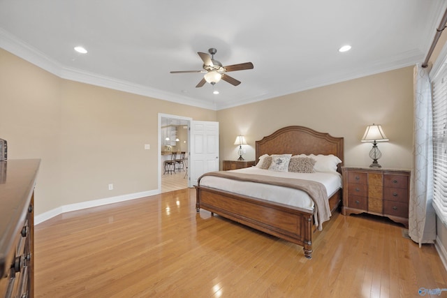 bedroom with ceiling fan, light wood-type flooring, and ornamental molding