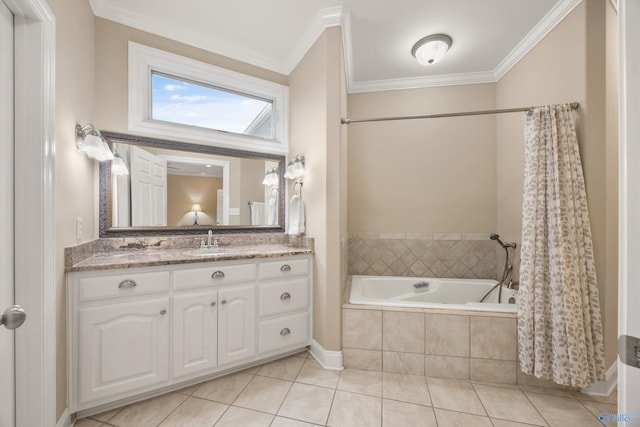 bathroom with vanity, tile patterned floors, separate shower and tub, and crown molding