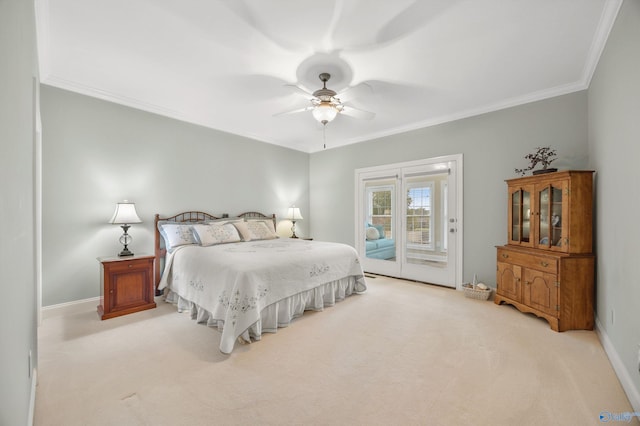 carpeted bedroom featuring ornamental molding, access to outside, and ceiling fan