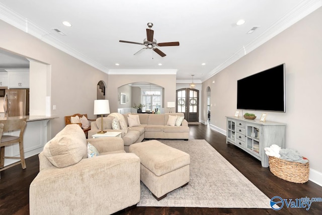3011 Chimney Cove Cir, Brownsboro, AL 35741 - living area with arched walkways, a ceiling fan, recessed lighting, dark wood finished floors, and baseboards