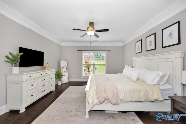 3011 Chimney Cove Cir, Brownsboro, AL 35741 - bedroom with ornamental molding, baseboards, dark wood-style floors, and ceiling fan