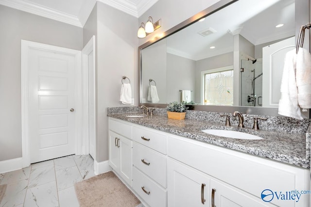 3011 Chimney Cove Cir, Brownsboro, AL 35741 - full bath with double vanity, a shower stall, crown molding, baseboards, and marble finish floors