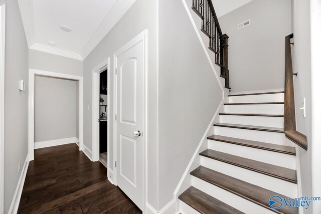 3011 Chimney Cove Cir, Brownsboro, AL 35741 - stairway featuring crown molding, wood finished floors, and baseboards
